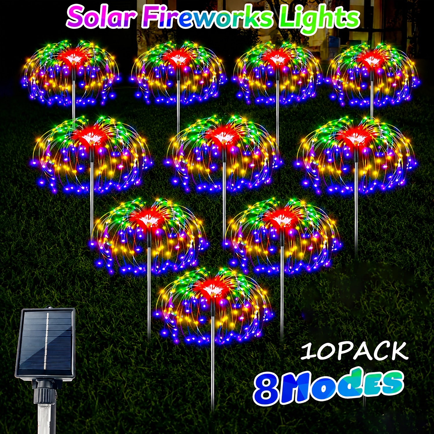 TEMU 10pack 600led 8pack480led 1pack90led Solar Garden Lights With 8 Outdoor Modes, Led Solar Firework Lights, Flashing Fairy Lights For Outdoor
