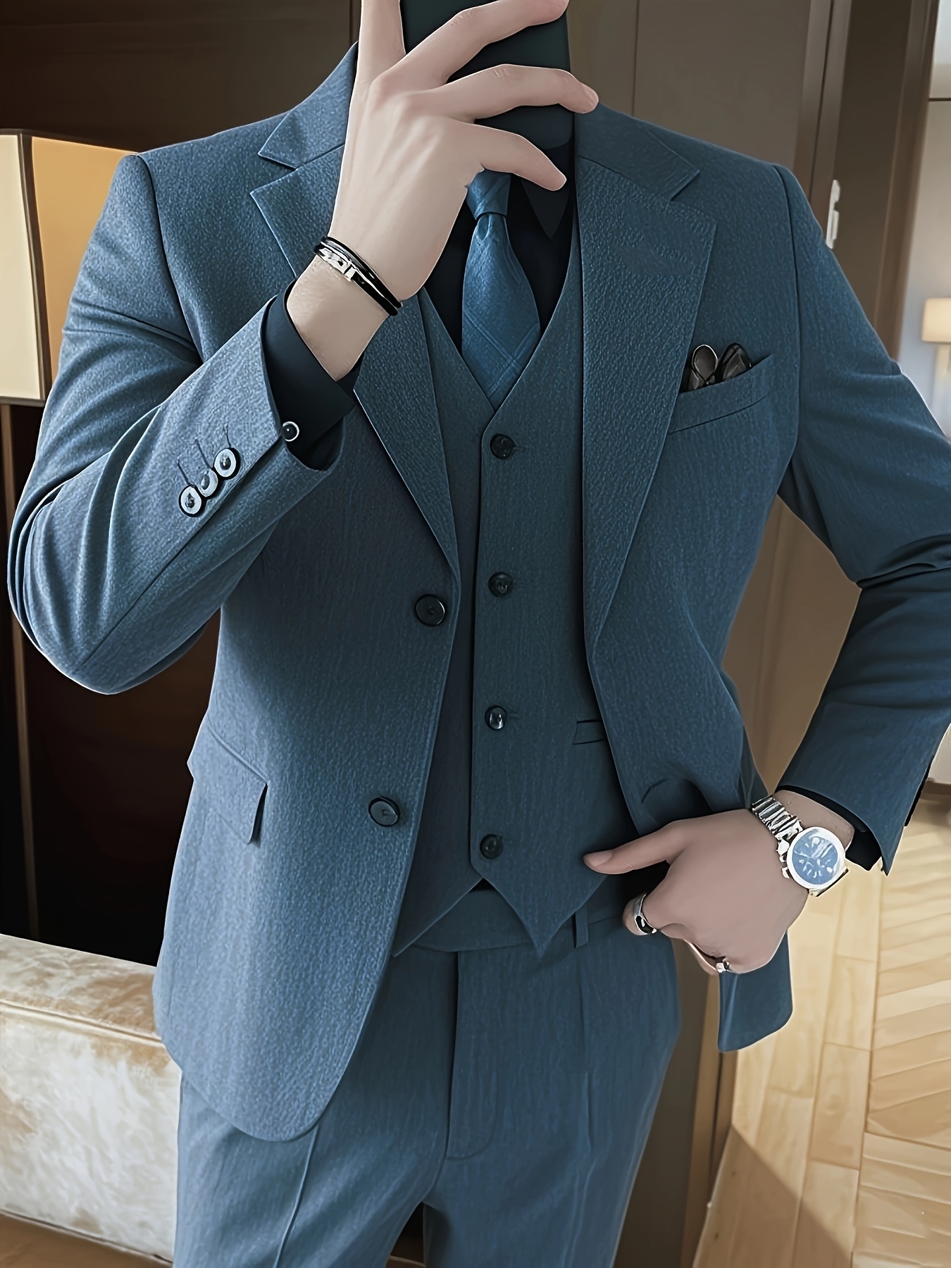 Men'S Elegant Dark Brown Double-Breasted Blazer - Slim Fit, Long Sleeve, Polyester, All-Season Jacket for Formal & Casual Occasions, No Scarf, Formal Attire|Sleek Lapel|Polyester Fabric