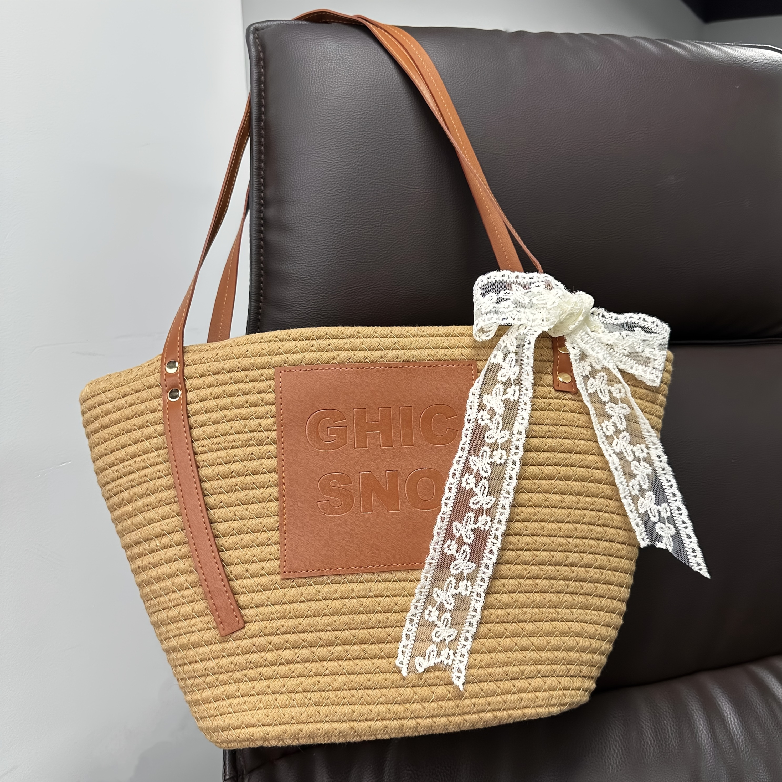 Women'S Woven Straw Beach Tote Bag with Floral Lace Bow Light Brown Bag  Design, Casual Beachwear Accessory, Beach Bag, Vacation Essentials,