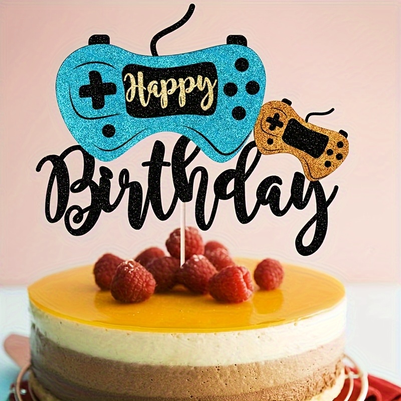 Image of 1pc Video Topper Glitter Game Controller Happy Birthday Cake Topper Gaming Themed Birthday Party Supplies Suitable For Game Player Party, Happy Birthday Video Game Party Decoration