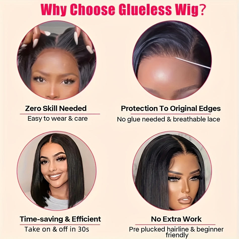 womens glueless bob wig 13x4 hd lace frontal 180 density straight human hair pre cut 8 14 inch details 5