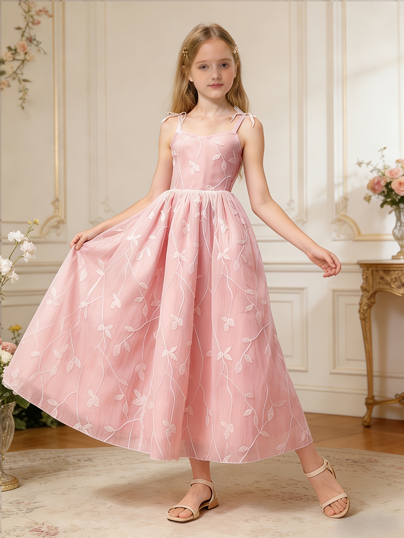 a romantic elegant light pink dress floral patterns girls - Temu Mauritius