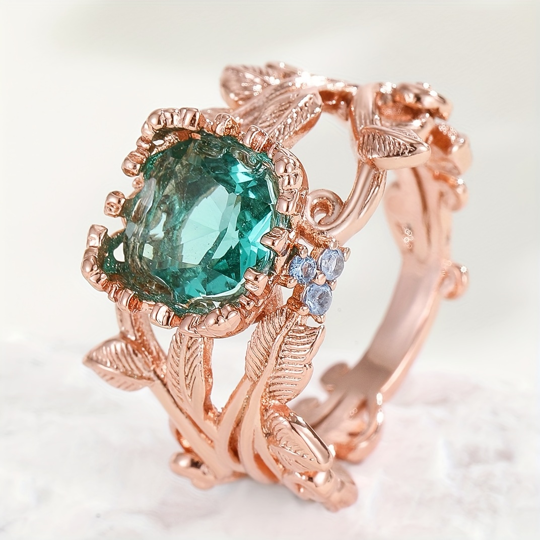 Leaf Shaped Copper Ring with Sparkling Synthetic Zirconia