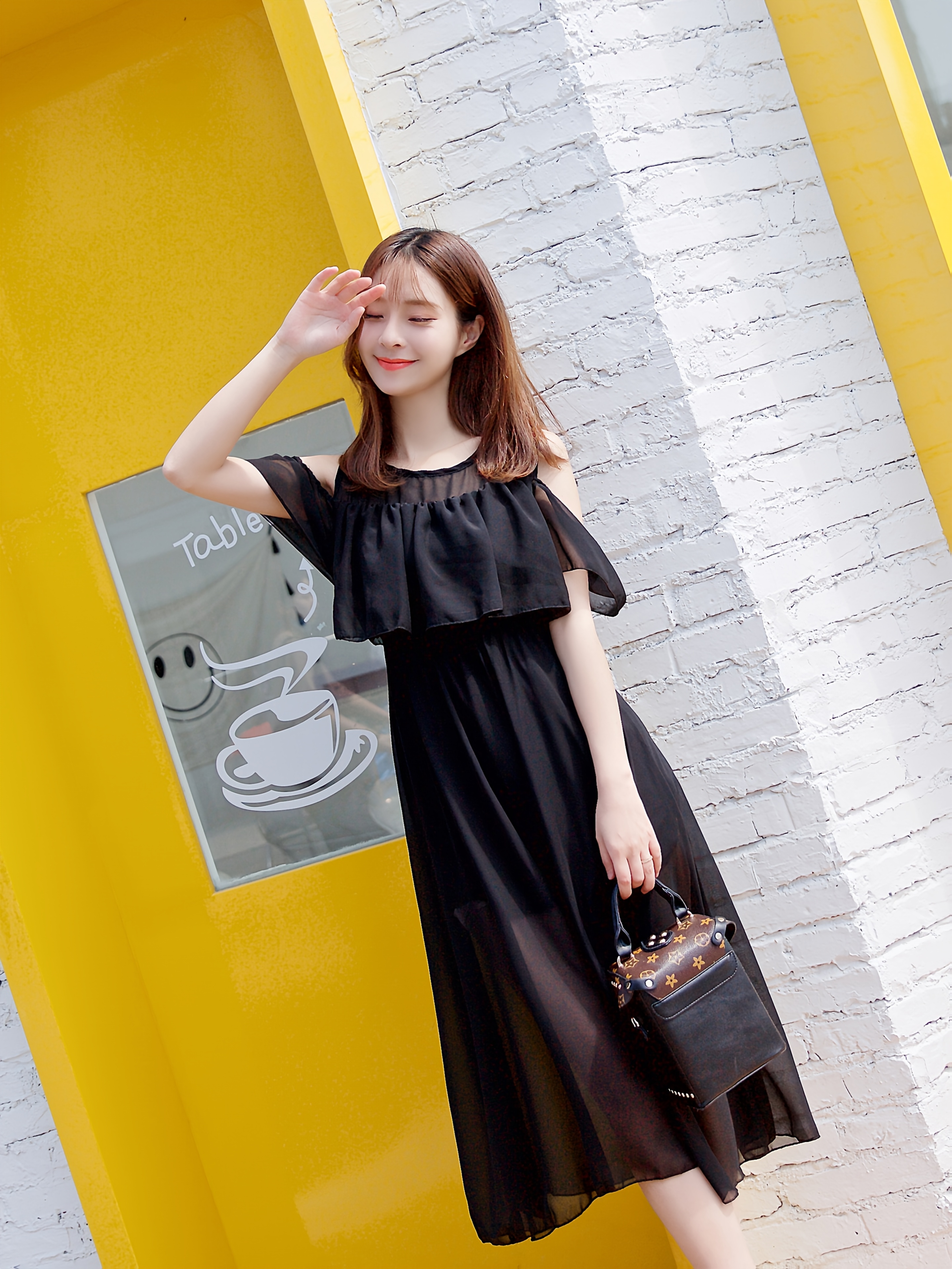 Off Shoulder Korean Black Dress Style Black Suede Off-Shoulder Mini Dress  With Lantern Sleeves  A-