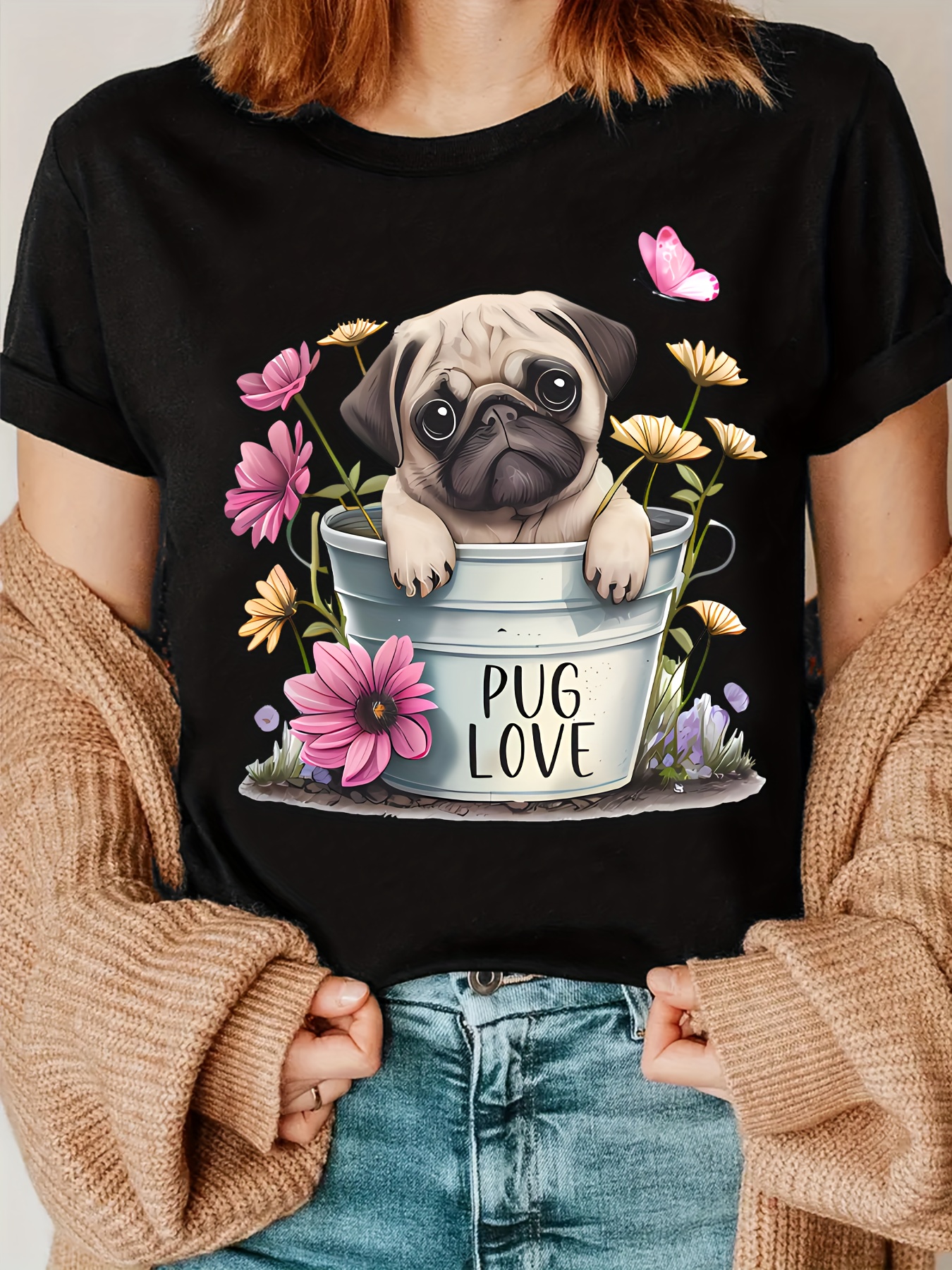 women's t shirt cute pug floral print round neck short Temu