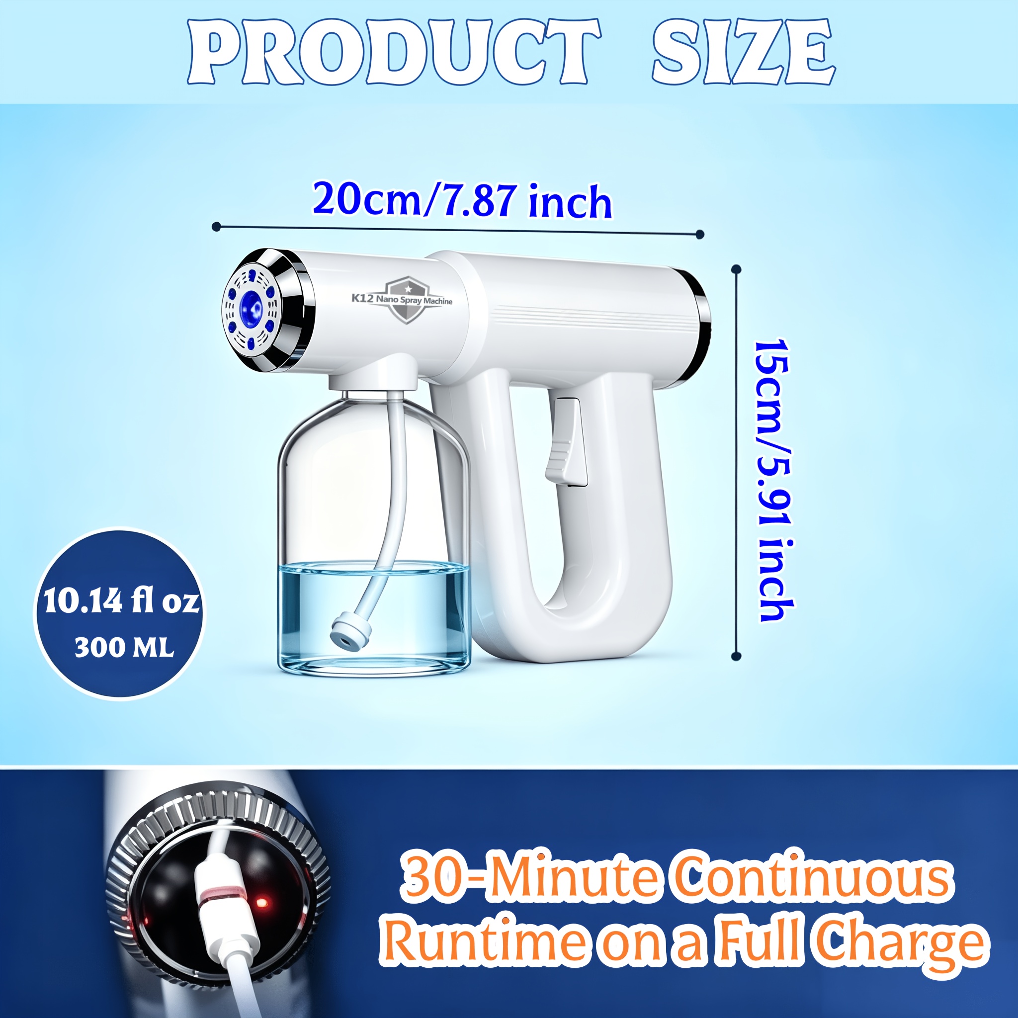 TEMU Portable Cordless Atomizer Spray Gun With Blue Light, Mist Sprayer For Hair Stylists, Plant Lovers, And Clean /300ml/usb Rechargeable