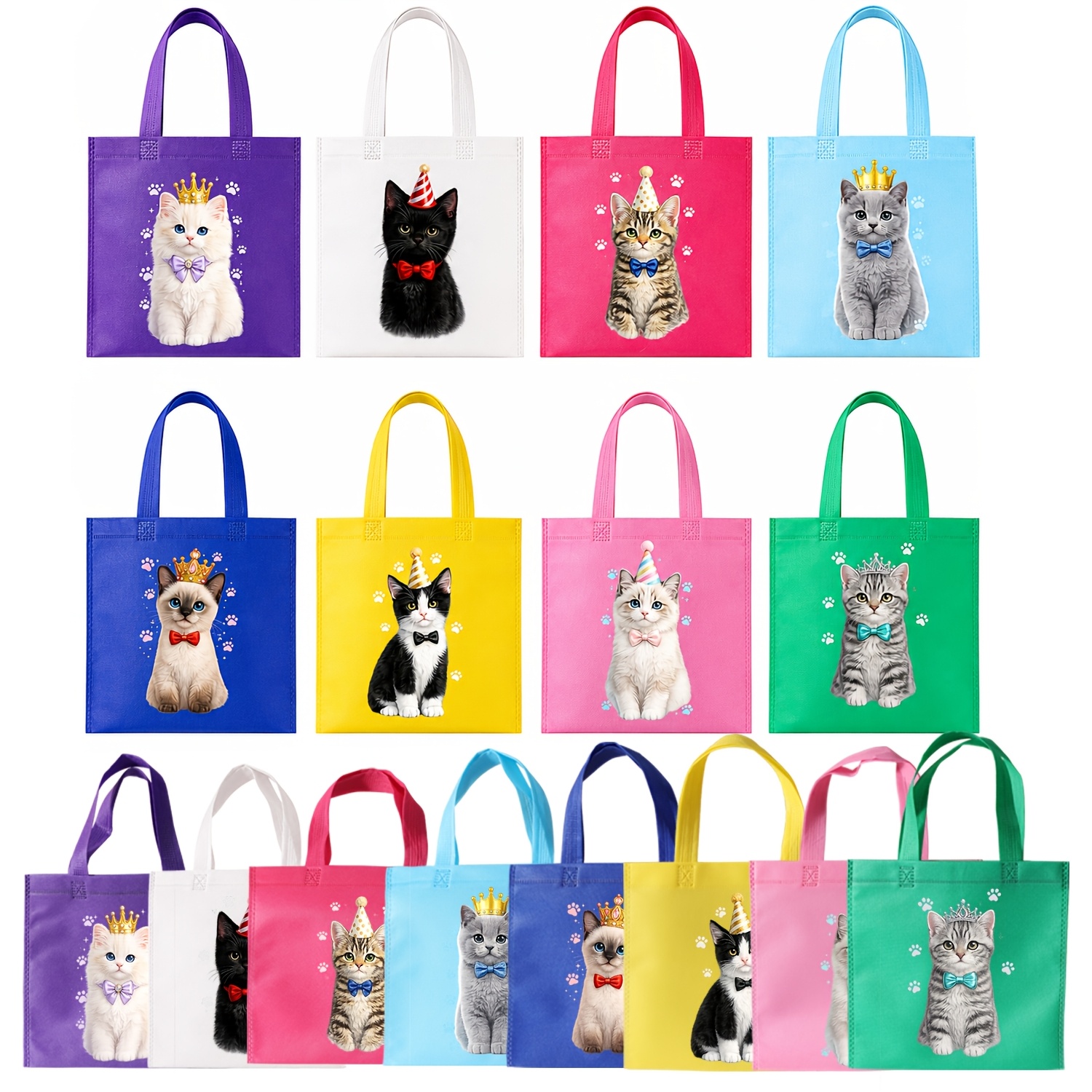 TEMU 16-pack Cat Gift Bags, 7.87 X 7.87 Inch Non-woven Tote Bags With Handles, Colorful Kitten Party Favor Bags For Cat Lovers, Birthday, Pet Gifts,