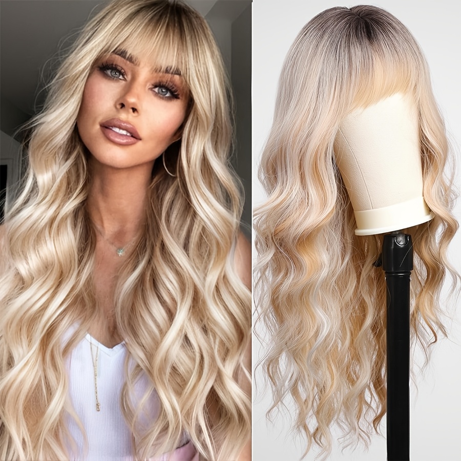 Image of Chic Ombre Blonde Long Curly Wig With Bangs For Women - Heat Resistant Synthetic Hair, 150% Density, Perfect For Daily Wear & Cosplay