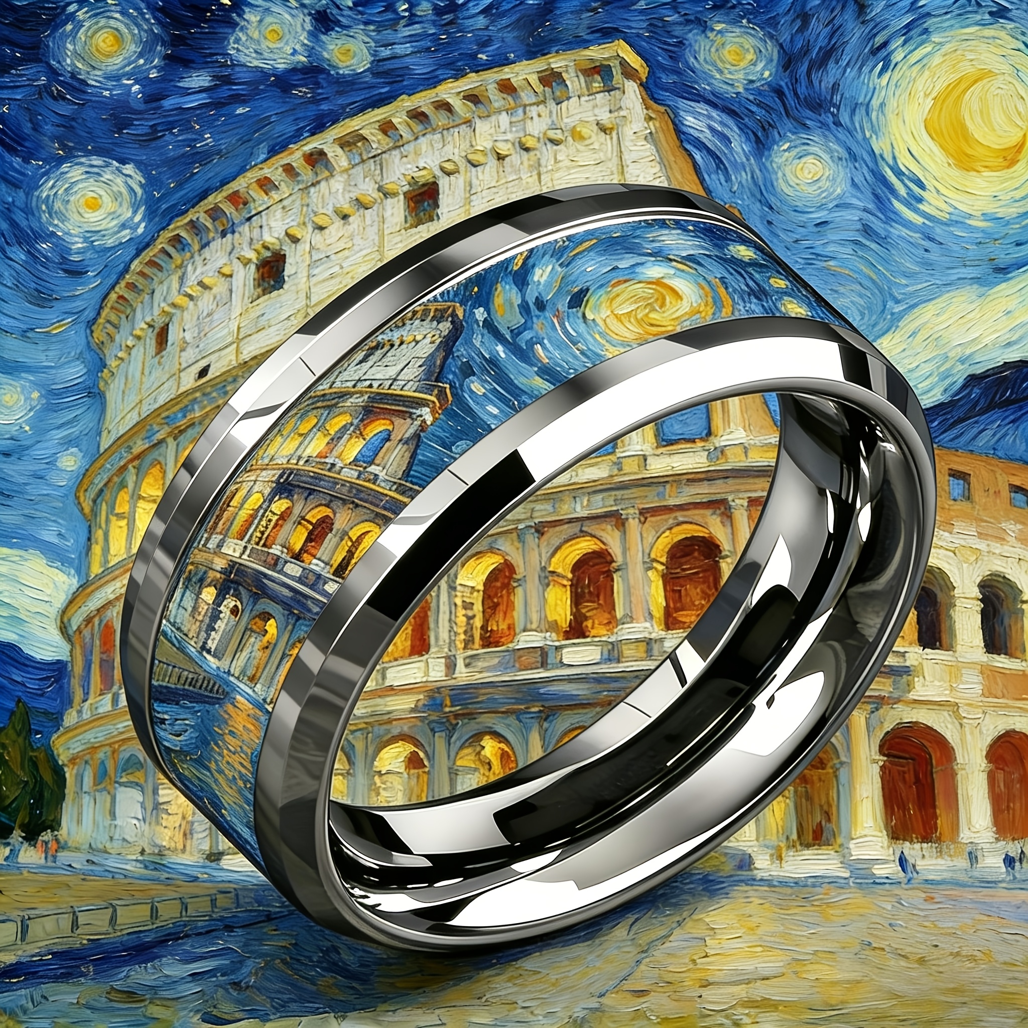 Van Gogh's Starry Night Colosseum Print 316 Stainless Steel Ring