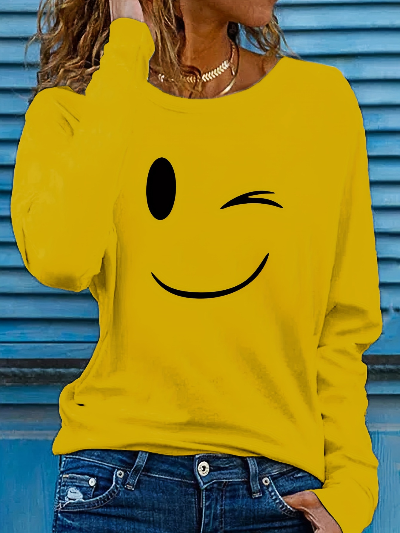 Women's Casual Long Sleeve Crew Neck Graphic Print T-Shirt - Playful joyful Face Design, Slim Fit, Soft Breathable Fabric for Spring & Fall, Versatile Everyday Top, Ladies T Shirts, Wink Motif Apparel, Highquality