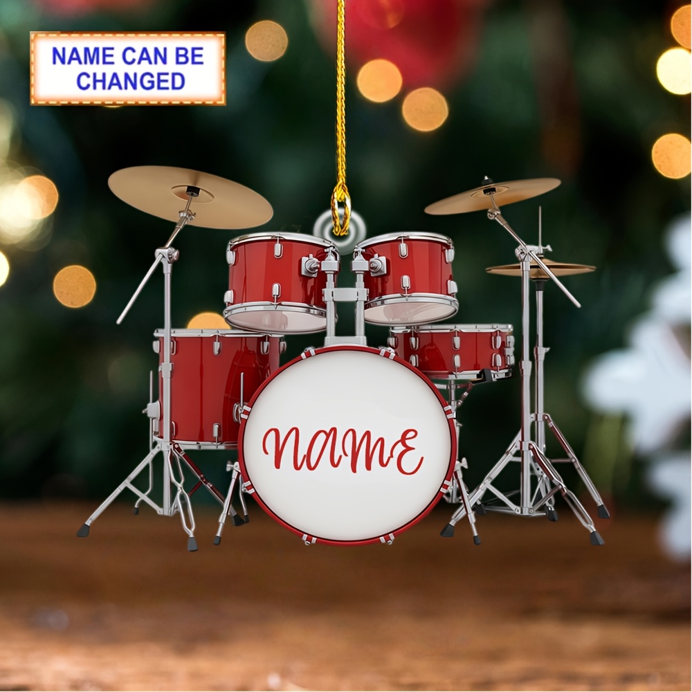 TEMU 2d Flat, Custom Name/text Red Drum Kit Ornament - Complete Percussion Set With Name/text Printed Drum, Acrylic Suitable For Xmas Tree & Car