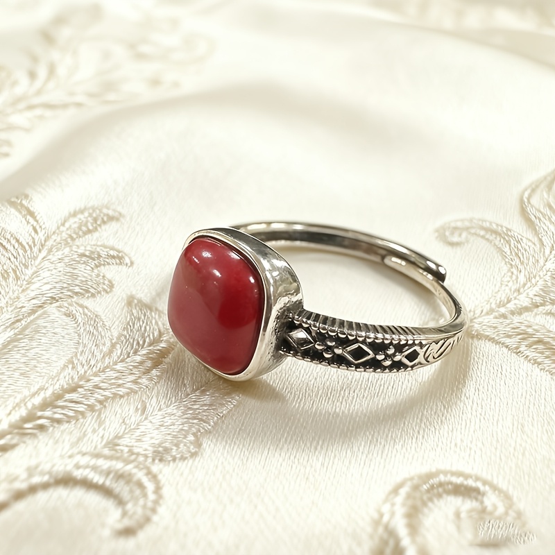TEMU 1pc; Copper; Size: Adjustable Opening; Retro Distressed New Chinese Style Southern Red Agate Square Ring, Easy And High-end, Valentine's Day