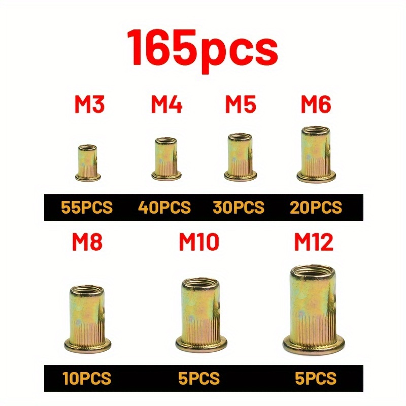 TEMU 165pcs Rivet Nut Kit - M3-m12 Carbon Steel Threaded Inserts, Partially Threaded, Thread, Polished For Steel, Plastic, Fiberglass