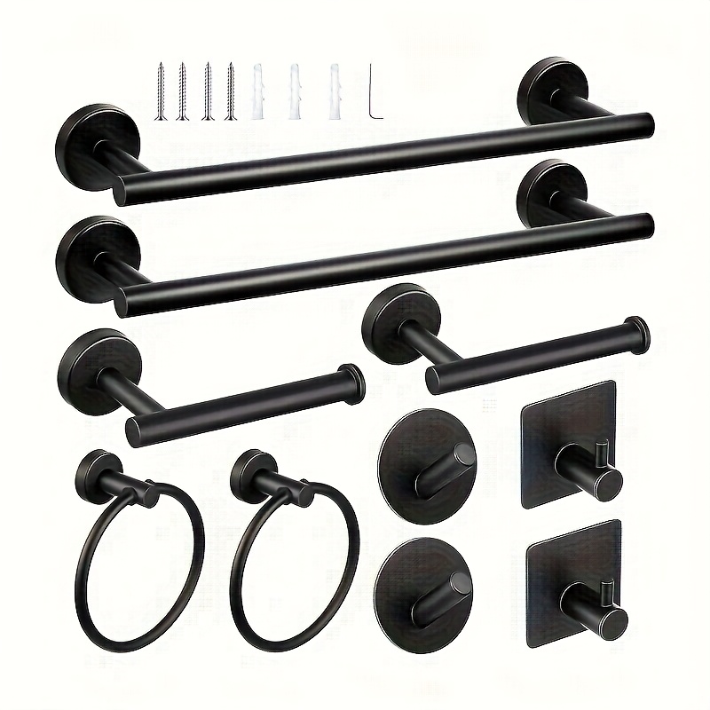 TEMU 10pcs Matte Bathroom Hardware Set Sus304 Bathroom Hanger Set 16 Inch Hand Towel Bar Towel Holder Toilet Paper Holder Angled Robe Towel Hooks Wall Mounted Accessory