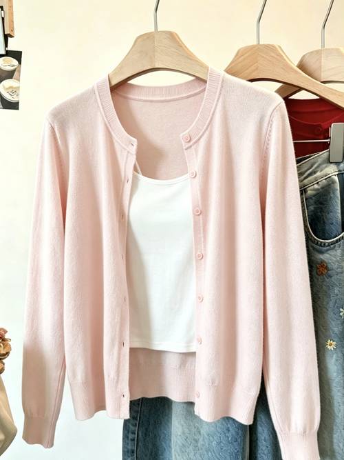 directional style womens thin solid round neck single button soft and cardigan sweater