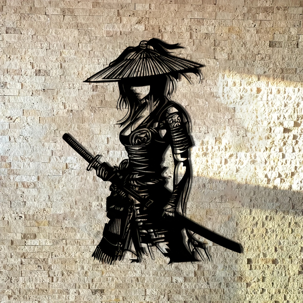 Image of 1pc Of Metal Wall Art Featuring A Female , Perfect For Decoration. This Silhouette Of A Japanese Warrior Measures 15.74 By 12. And Makes A Great Housewarming Gift