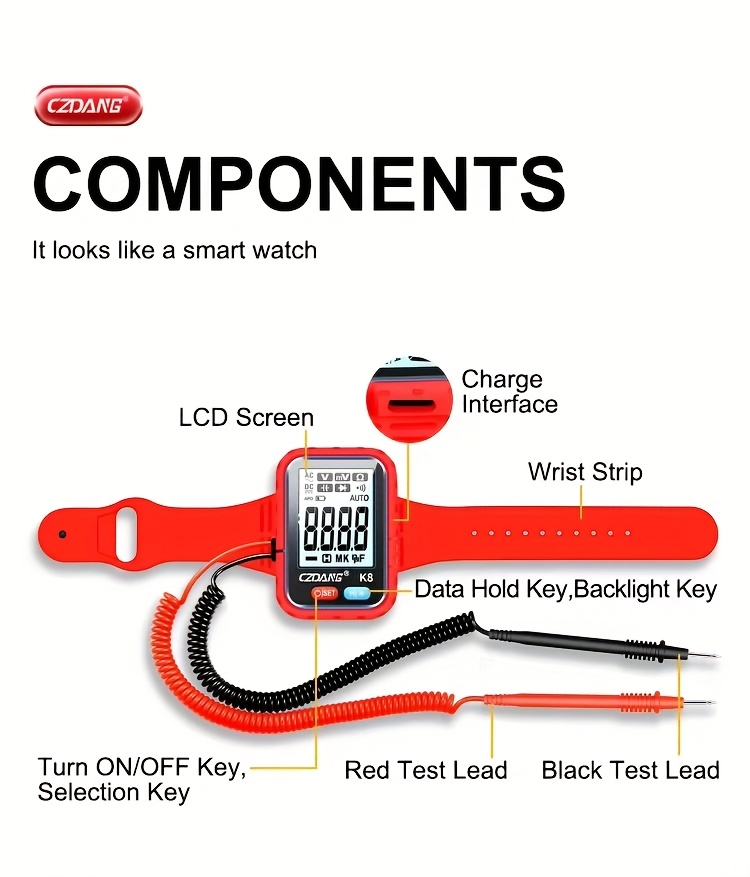 1 unidad CZDANG Multímetro Digital Tester de Muñeca - Mini Multímetro Portátil Wearable para DCV/ACV, Resistencia y Continuidad con Pantalla LCD, Recargable via USB, Diseño Compacto para Electricistas, DIY, Trabajo de Campo, Herramienta Electricista, Herramienta Moderna, Electrónicos Durables