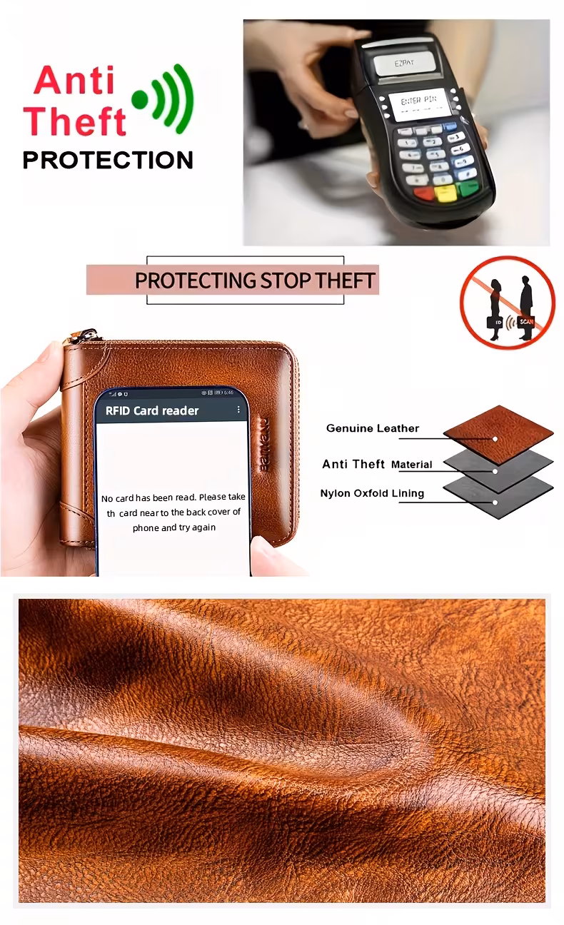 retro de cuero para hombre con cremallera, gran capacidad, plegable, múltiples ranuras para tarjetas y monedas, regalo ideal para o san valentín, 8 espacios para tarjetas Detalles del producto 2