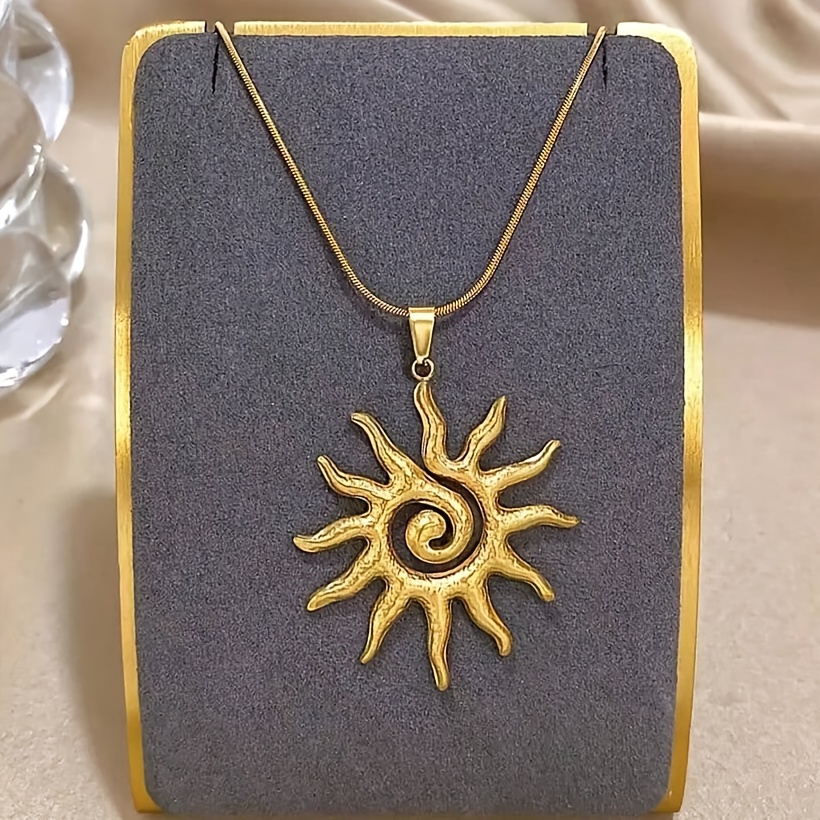 Image of 1pc Stainless Steel Swirl Sun Pendant Necklace, Fashionable Vintage Women' Versatile Accessory