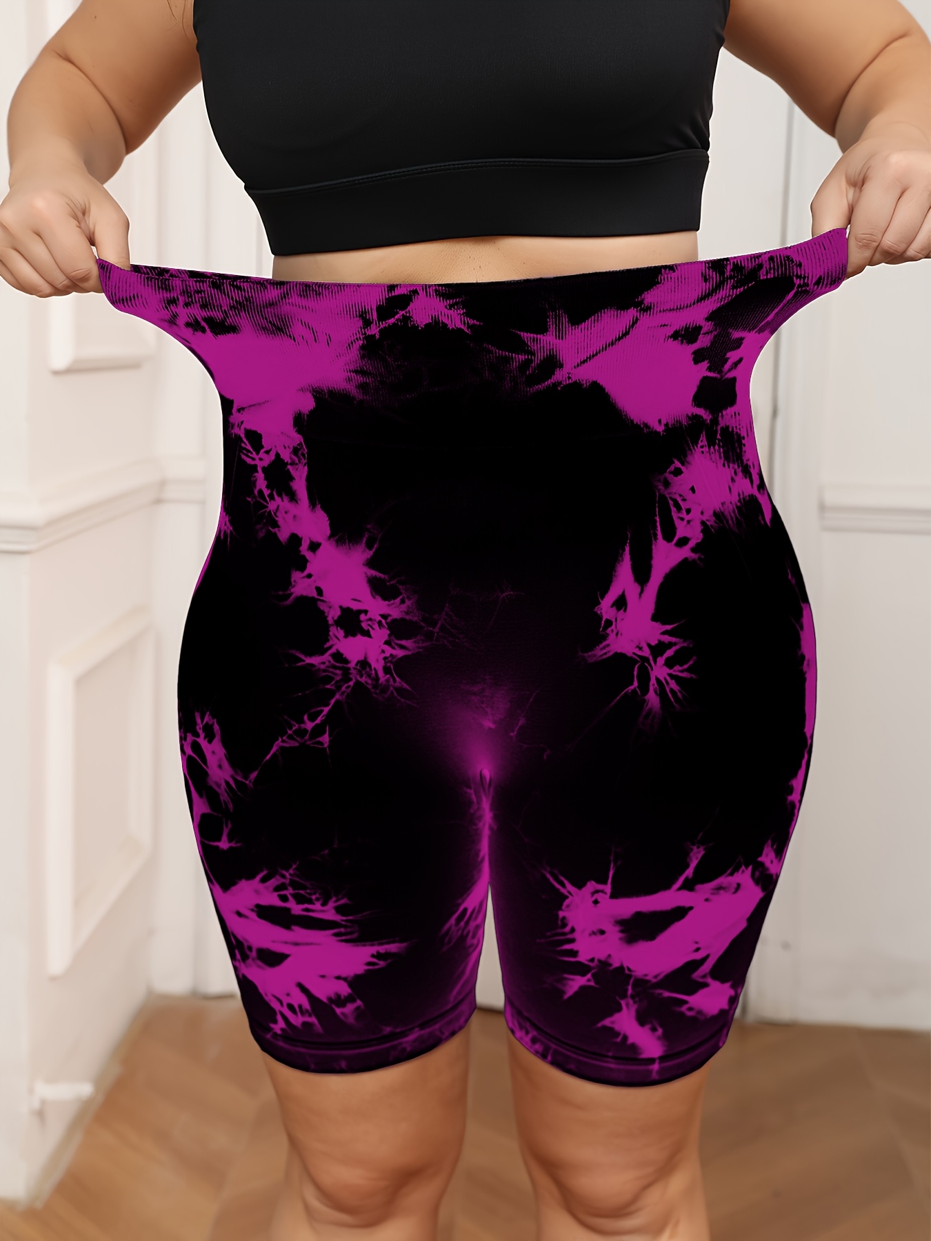 Plus Size Women's High-Waisted Tummy Control Yoga Shorts - Tie-Dye Design, Stretchy Machine-Washable Fabric for Summer Workouts & Casual Wear, Tummy Control Shorts, Stylish Workout Apparel, Highelastic Fabric