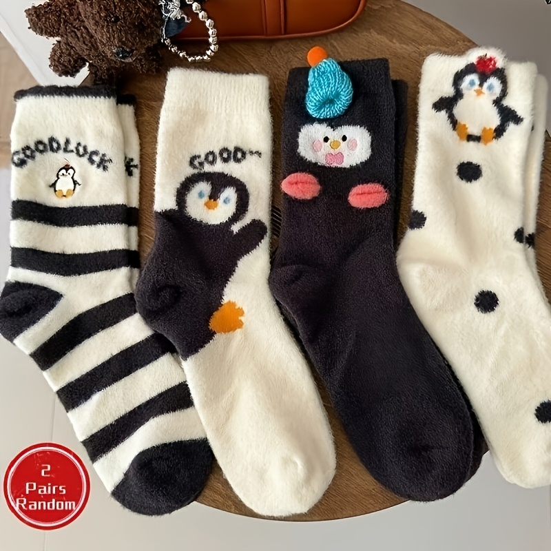 TEMU Random Mixed Colors 2-pair Autumn/winter Soft And Plush Penguin Socks For Women, Cartoon Decorative Socks, Thickened Warm Plush Floor Socks For