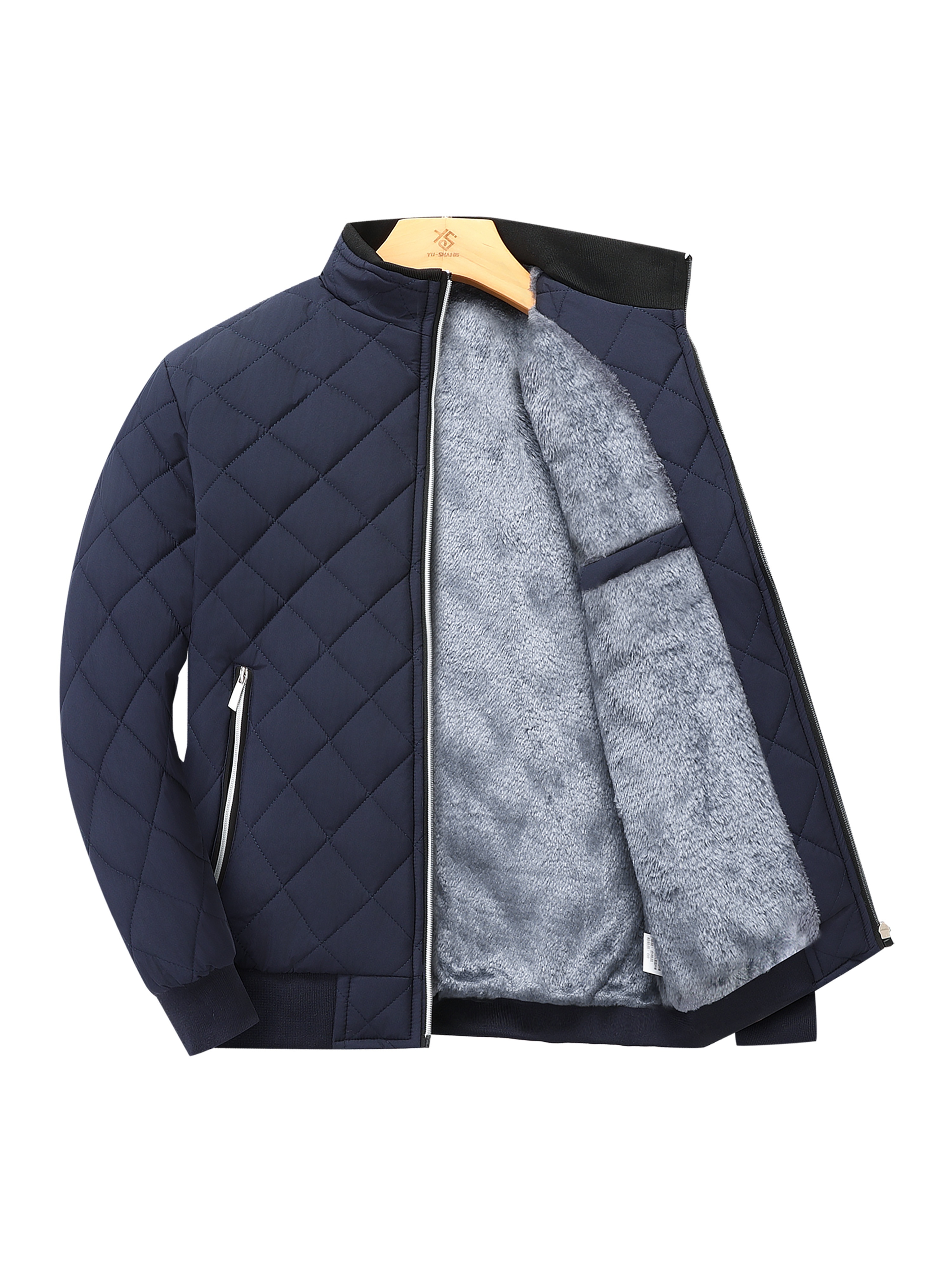 mens quilted fleece lined jacket warm stylish casual zip up with stand collar long sleeves and pockets dark green polyester   winter zip up jacket blue 0