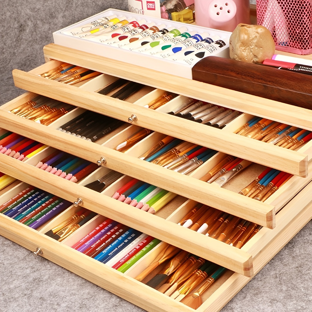 [Portable Artist Storage Box] Portable Foldable 4-Drawer Artist Supply Storage Box – Multi-Function Beech Wood Artist Pencil & Brush Storage Box with Drawer & Compartments for Pastels, Pencils, Pens, Brushes, Stamp