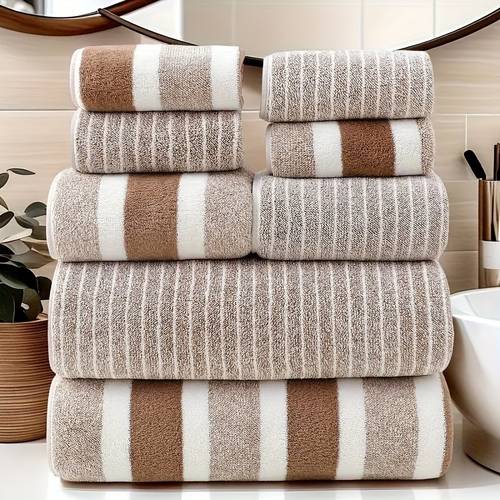 item picture 8pcs set no shedding super absorbent soft hotel standard two color striped bath towel set including 2 large bath towels 2 medium bath towels and 4 small bath towels