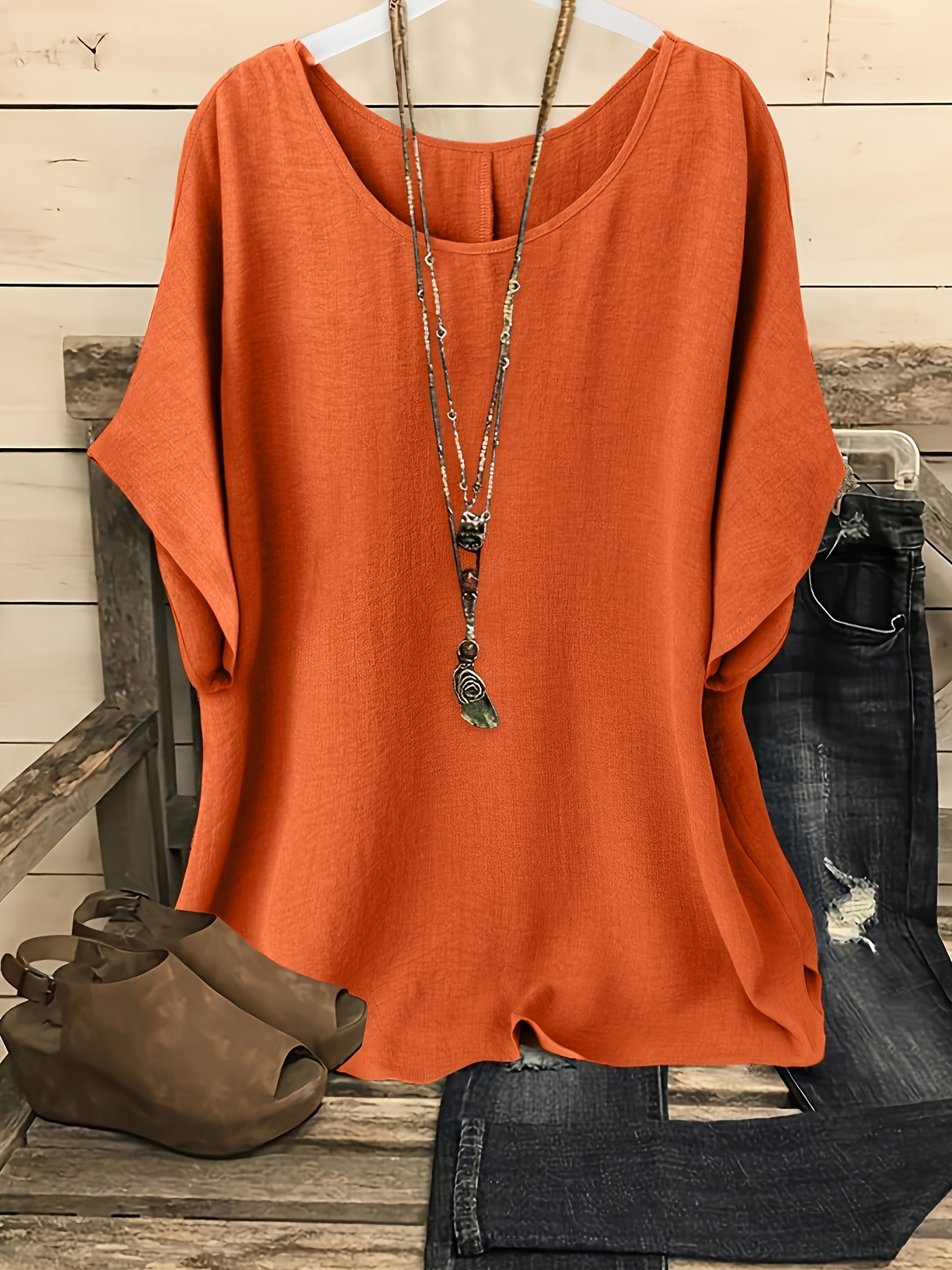 Women'S Casual Summer Top, Round Neck Short Sleeve Loose Fit Solid Color Machine Washable Vacation Casual Outing Beach Top Relaxed Fit Shirt, Glossy Texture Beachwear