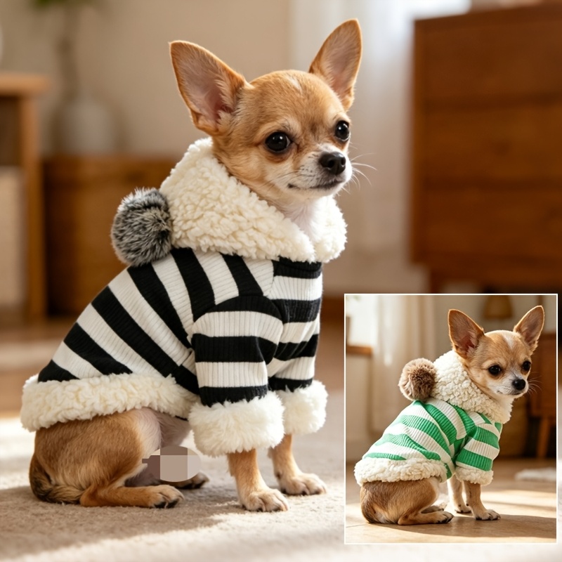 plushball hooded pet sweatshirt black and white striped lined dog clothes teddy chihuahua   winter warm pullover Product details 1