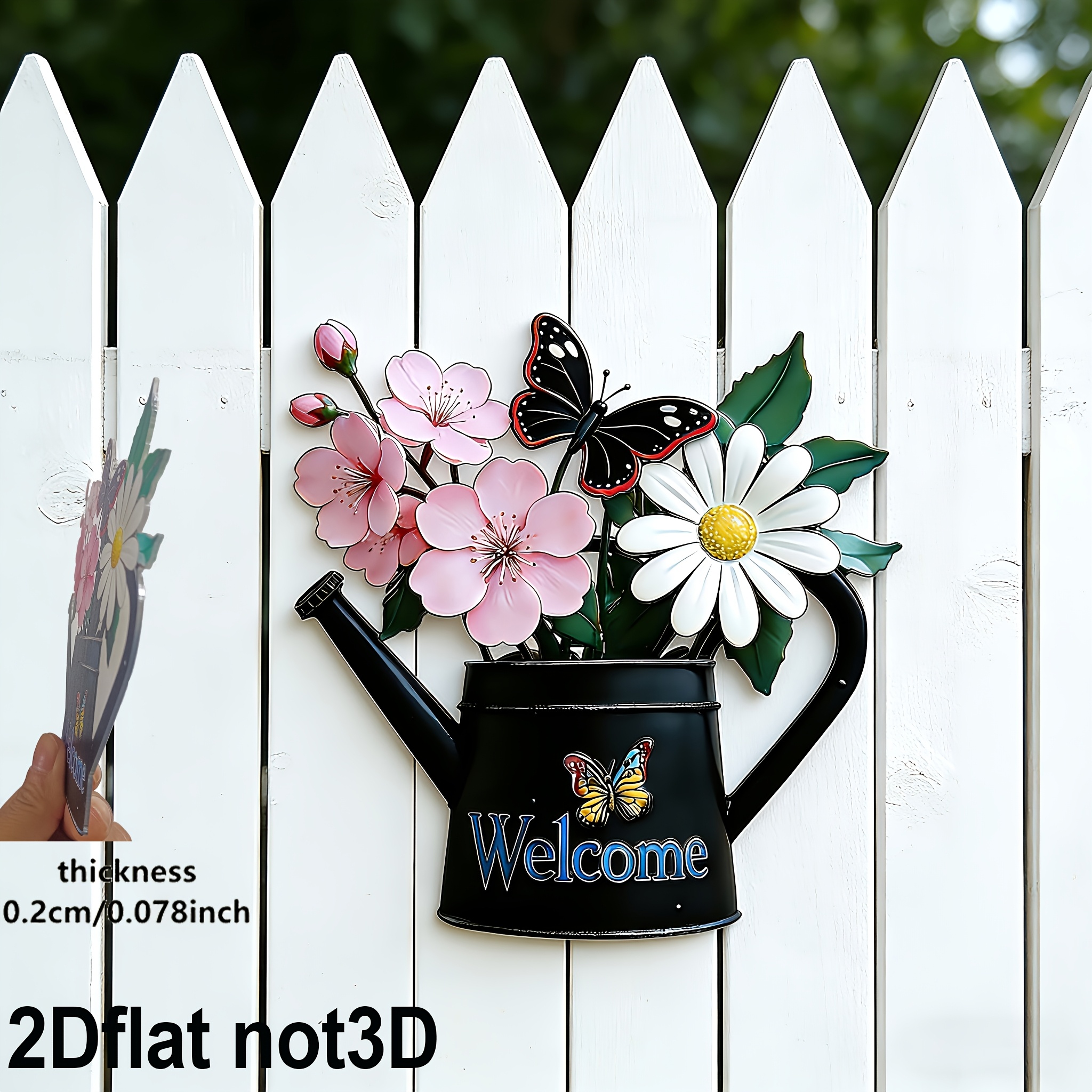 E-shop 2D Flach, 2D Flach Acryl Blumen- Schmetterlings-Gießkanne Wanddekoration - Flach bedruckte Acryl Außendekoration, geeignet für Veranda, Hof,