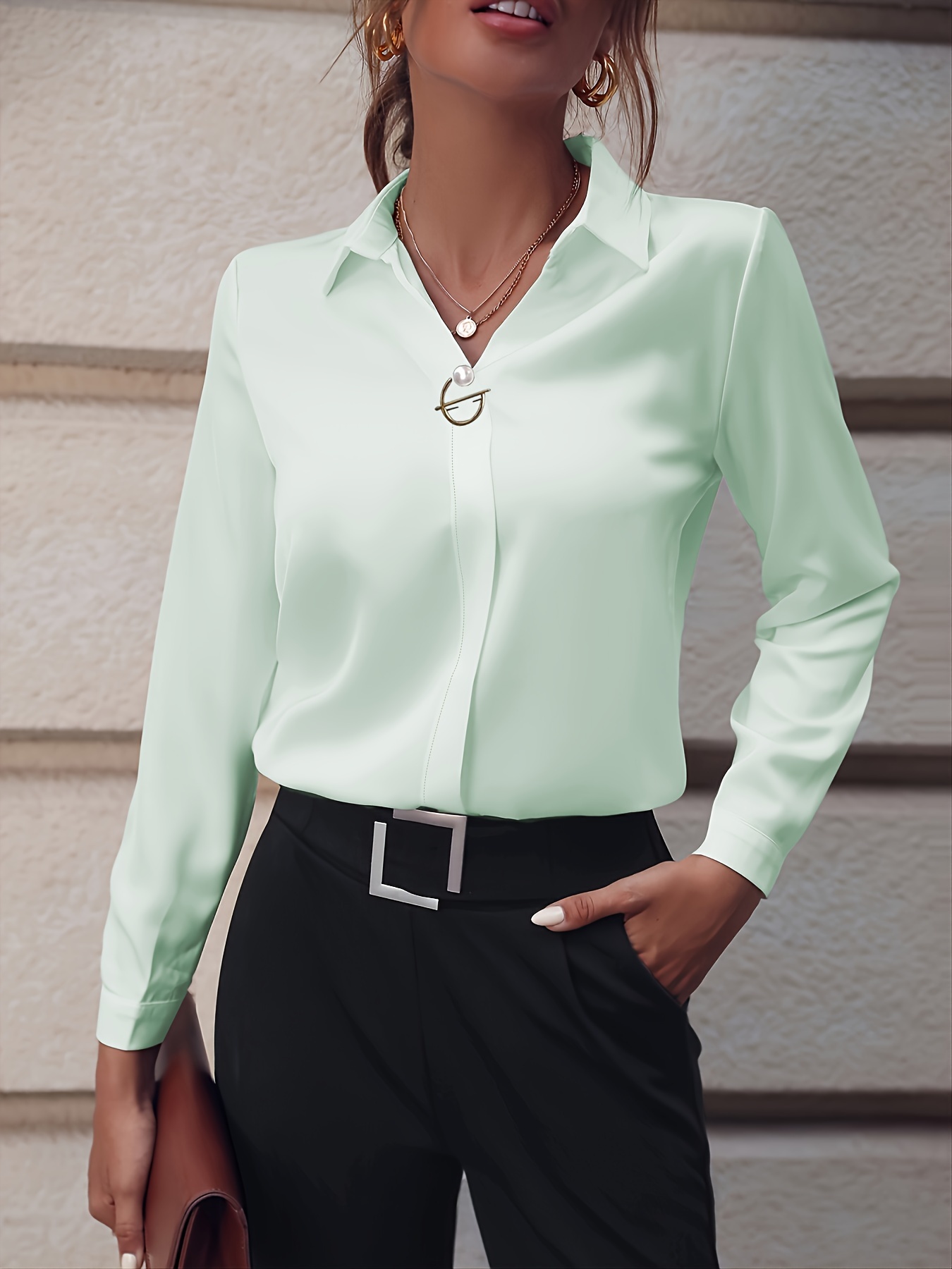 Solid Color Button Front Shirt, Casual Lapel Neck Long Sleeve Shirt For  Spring & Fall, Women's Clothing