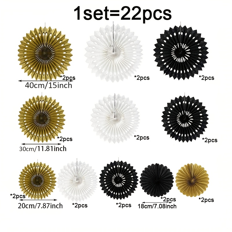 TEMU 22pcs - Noir Or Blanc Creux Ventilateur Pliant Rond Pendentif Décoration de Fond Plafond Décoration de Remise de Diplômes Mariage Anniversaire