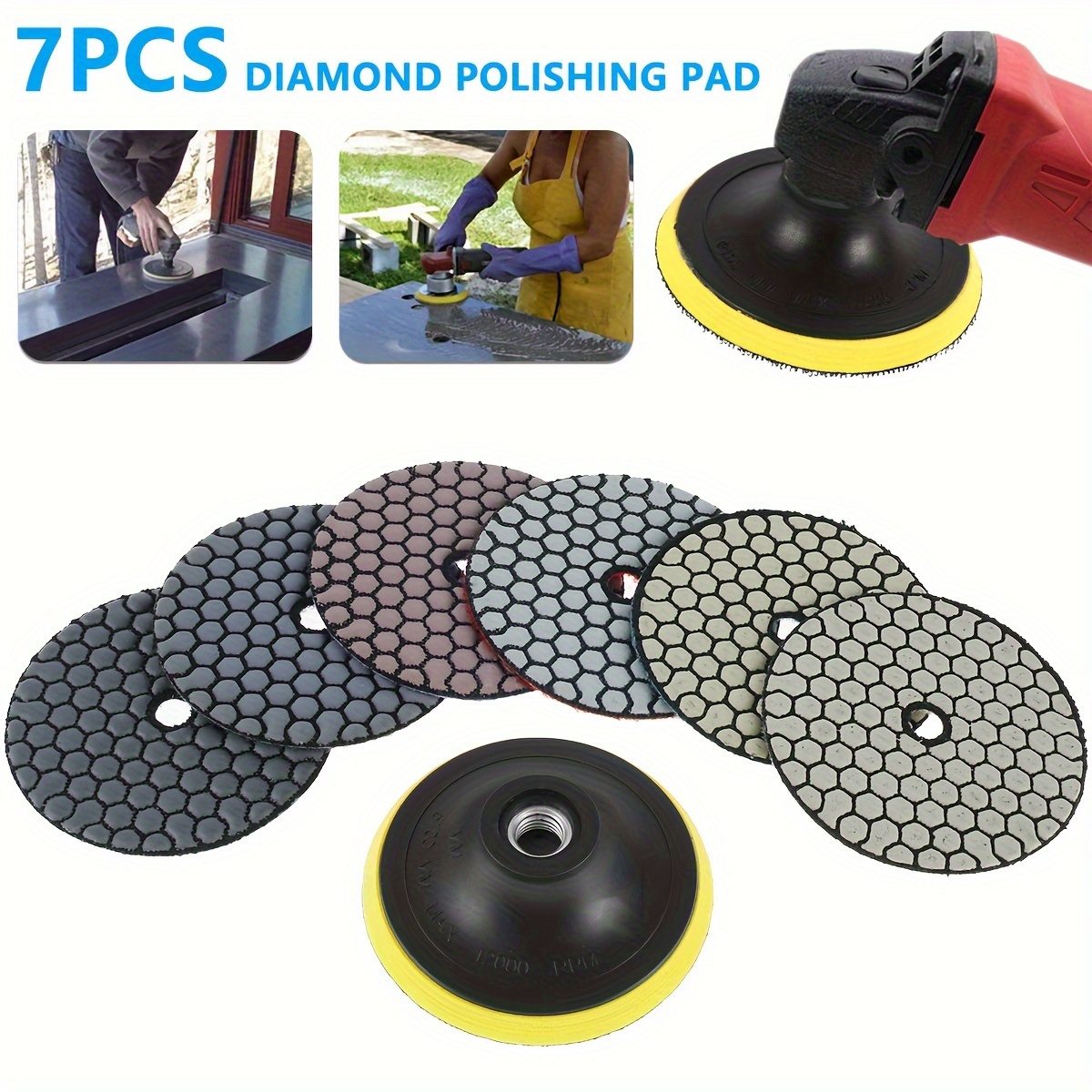 

7pcs 4 Inch Diamond Polishing Pads, Dry 30-3000 Grit For Drill, Grinder, Polisher - For Concrete Countertop Quartz