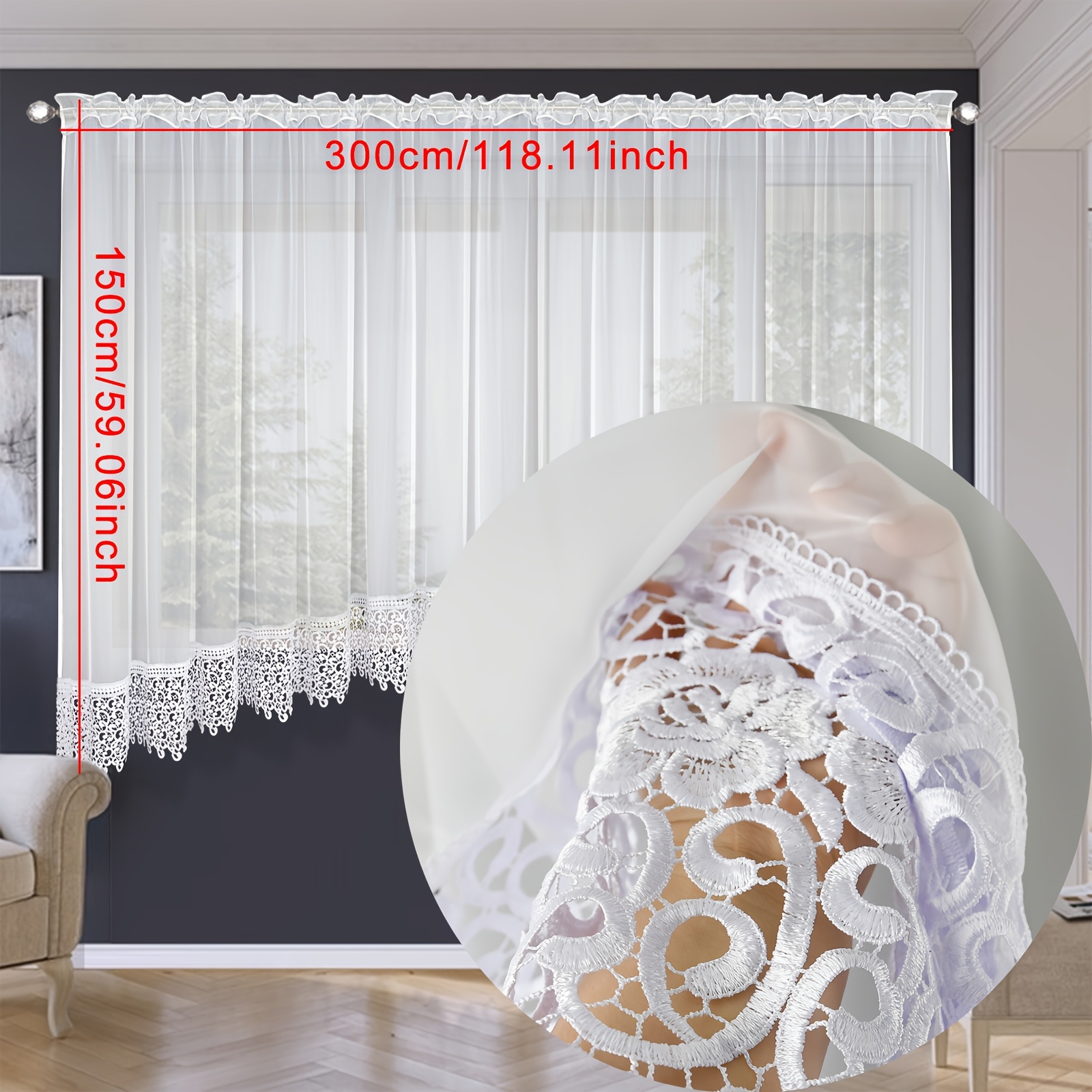 Image of 1pc Arched Translucent Tulle Curtain With Embroidered Lace, Size (200 X 120cm/300 X 150cm/400 X 180cm), Privacy Protection, Suitable For Living Room, Dining Room, Study, Pole Or Clip Hanging Method