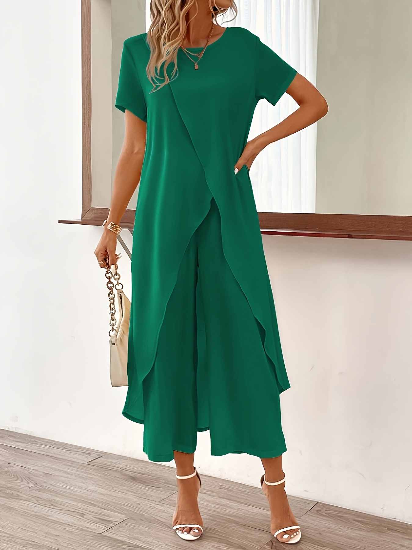 women's casual solid color two piece set short sleeve crop Temu