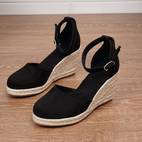 sandalias de cuña con correa en el tobillo para mujer, color negro, punta redonda y de cuerda - zapatos elegantes para vacaciones en , calzado de | correa delgada al tobillo | tejida de cuerda