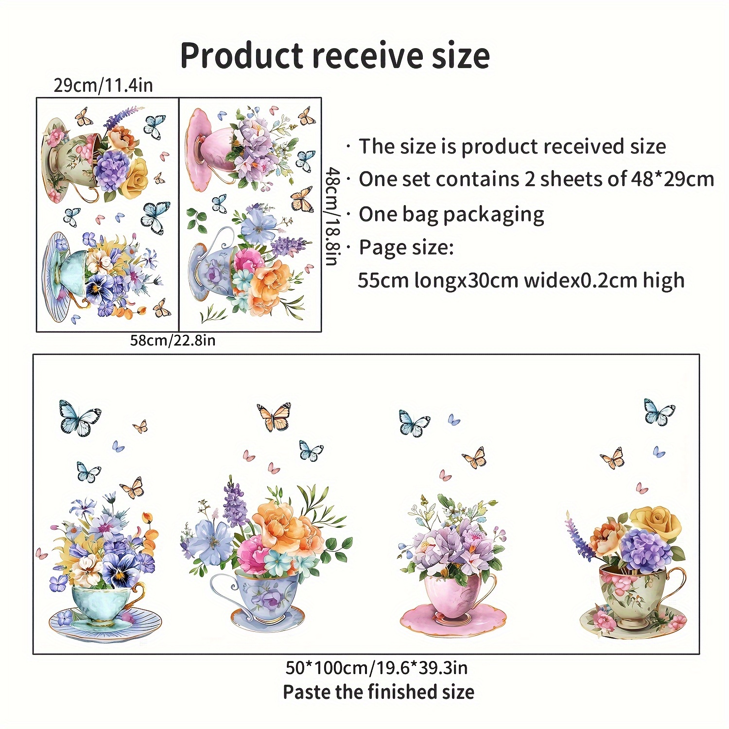 Image of 4pcs Colorful Flower Cup Wall Stickers, Watercolor Floral Self-adhesive Vinyl Wall Stickers, Suitable For Kitchen, Living Room, Bedroom, Porch, Home Background Decoration