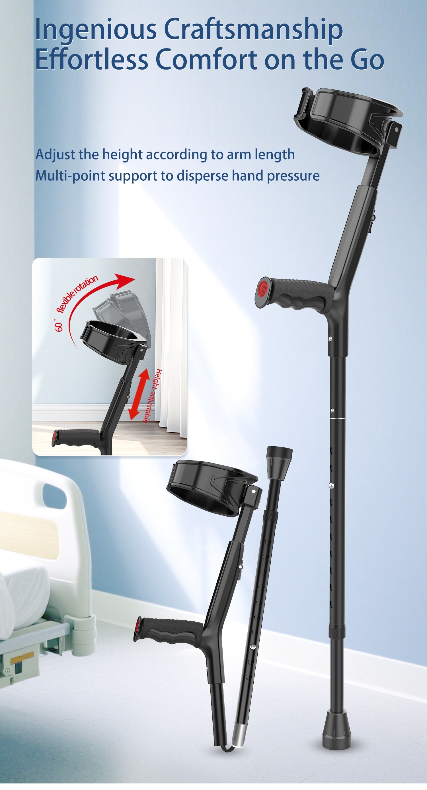 Rotatable Elbow Crutch, Portable Foldable Telescopic Elbow Rest, Rehabilitation Assistive Elbow Cane, Multi-Point Support Comfortable Underarm Crutch