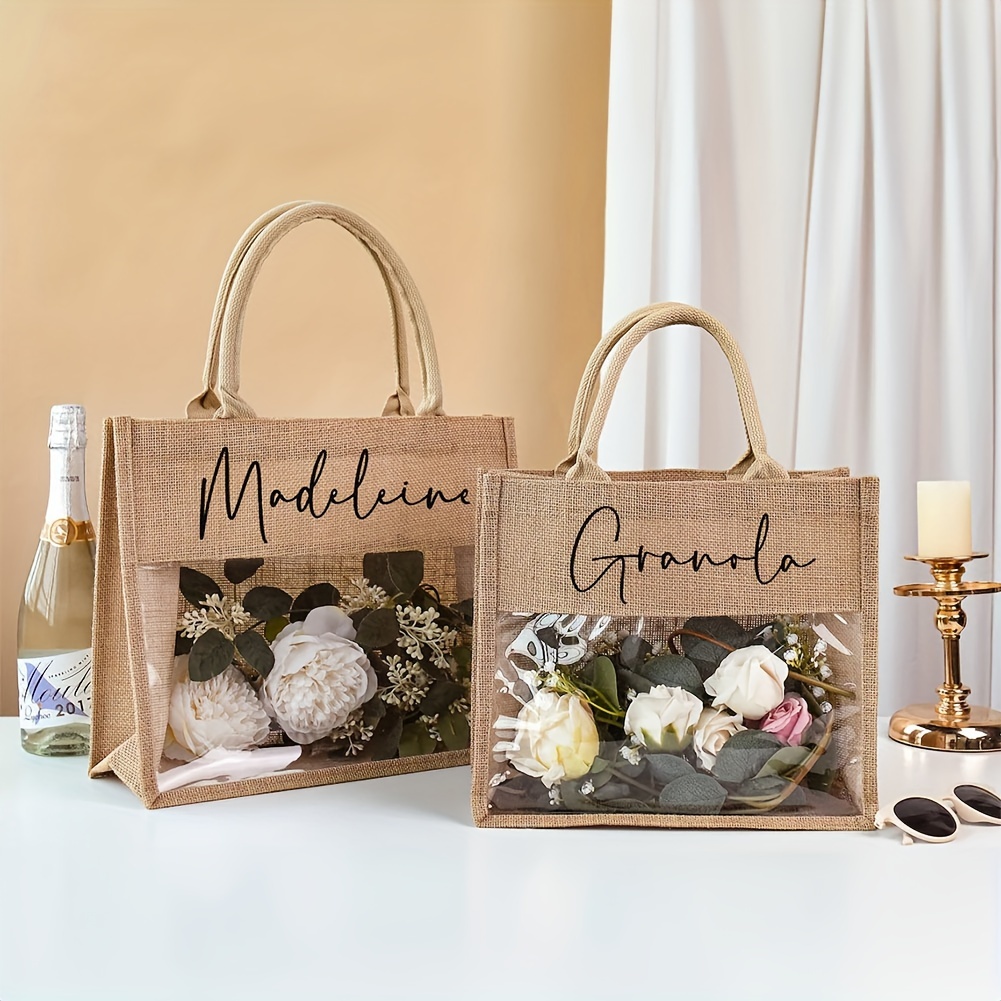 Personalized Burlap Tote Bags for Bridesmaids Proposal, Custom Name Hemp  with Clear PVC Window, No-Closure Wedding Party Gift Bags, Monogrammed