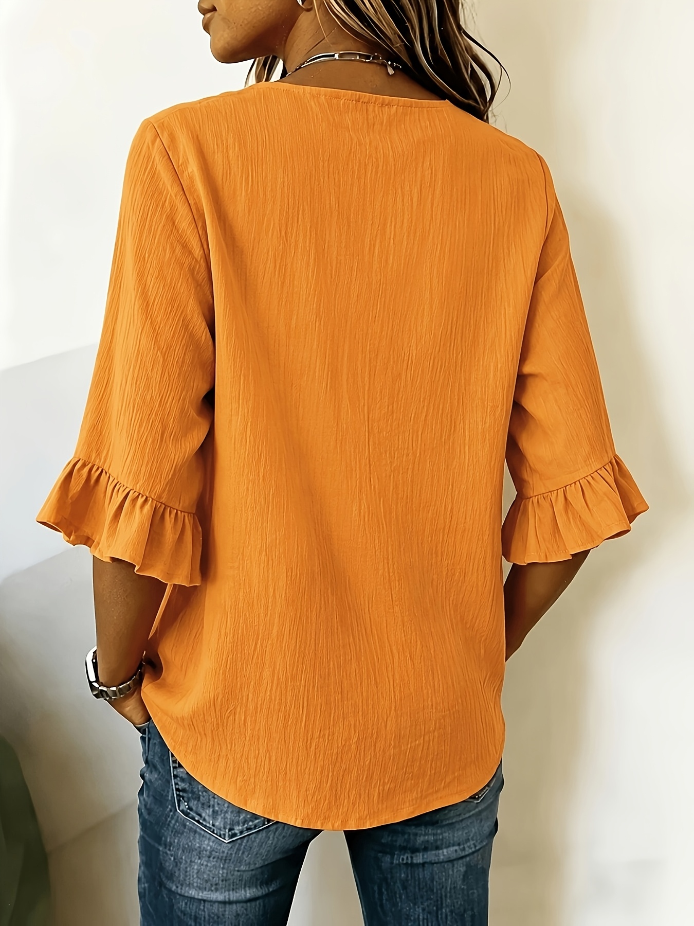 womens casual v neck top with three   buttons ruffle sleeves versatile commuter shirt loose fit casual blouse