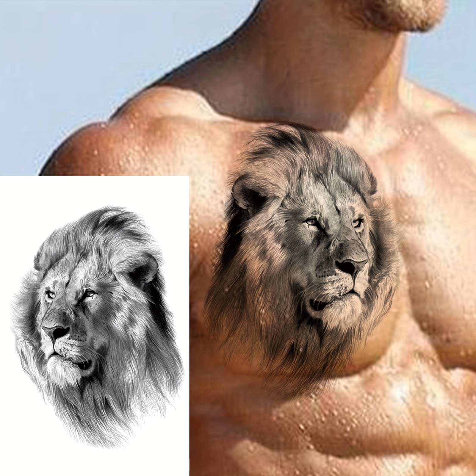 TEMU 3 Sheets Realistic Lion Temporary Tattoo Stickers - Waterproof & Long-lasting Fake Tattoos For , Thighs, Body - Detailed Lion , Easy Application