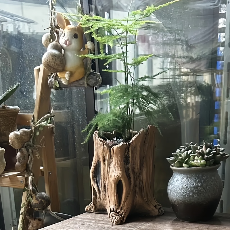 1pc retro cement tree stump planter with drainage hole   design for succulents and greenery indoor outdoor decorative pot