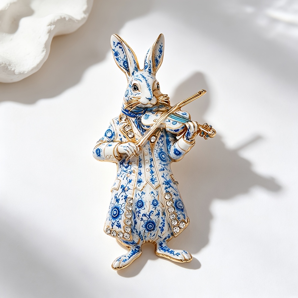 TEMU Broche en émail Lapin Violon Robe de Strass, Corps de Lapin Réaliste avec Manteau et Gilet, Accessoire de Broche de Lapin Musicien, Convient aux