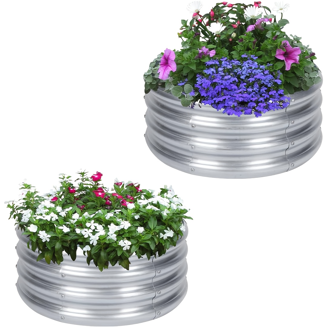 TEMU 2pcs Raised Garden Beds, Galvanized 2x2x1ft Planters, Easy Assembly Outdoor Round Flower Beds For Vegetables, Fruits, And Flowers