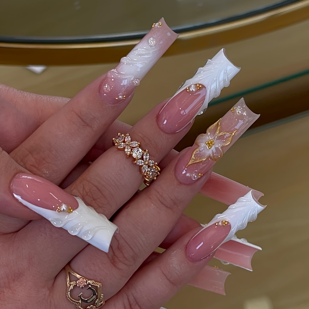 TEMU 24pcs Flashy Crushed Diamond Relief Floral Color-block Nail Long Water Pipe Shaped Nail Tips