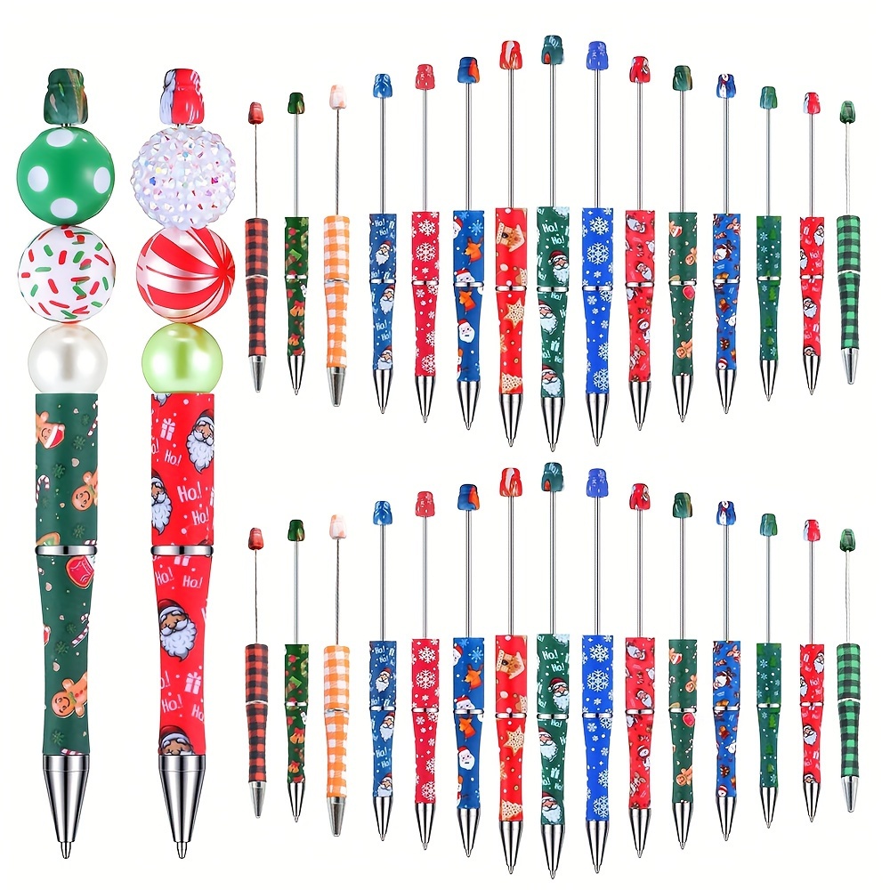 

30pcs Christmas Elements Graffiti Plastic Beadable Pens Assorted Beaded Ballpoint Pen With Black Ink For Diy Making Christmas Gift Supplies