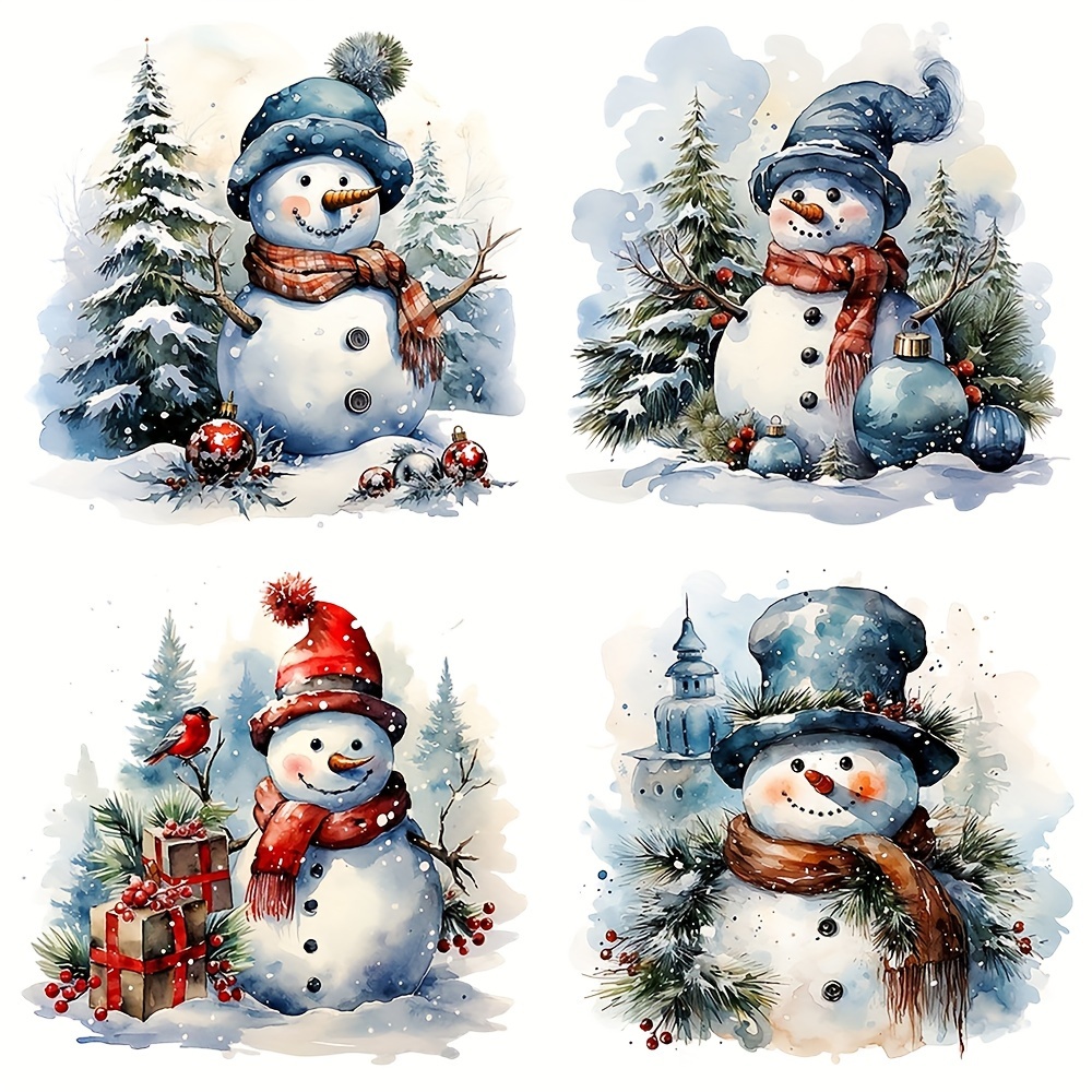 

Festive Christmas Snowman Pattern Hot Press Transfer Stickers - 4 Pieces Set For Diy Clothing, Bags, And Accessories - Women's Novelty Patches And Embellishments - Anime Theme