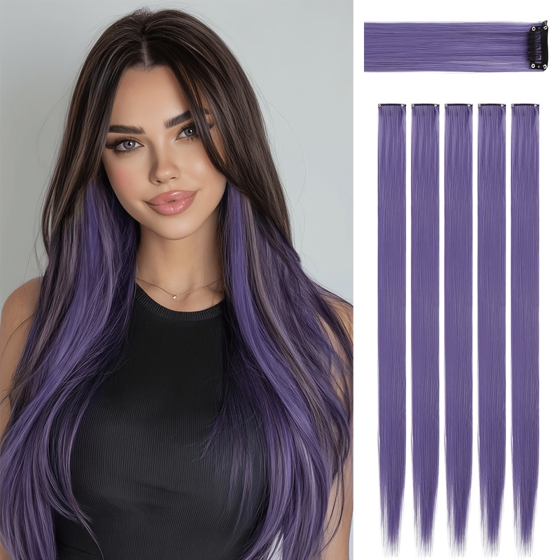 TEMU 5 pezzi Extension Capelli Viola | Extension Capelli Clip-In 24" | Extension Capelli Lunghi Lisci Colorati Clip-In Capelli Sintetici Lisci Adatti