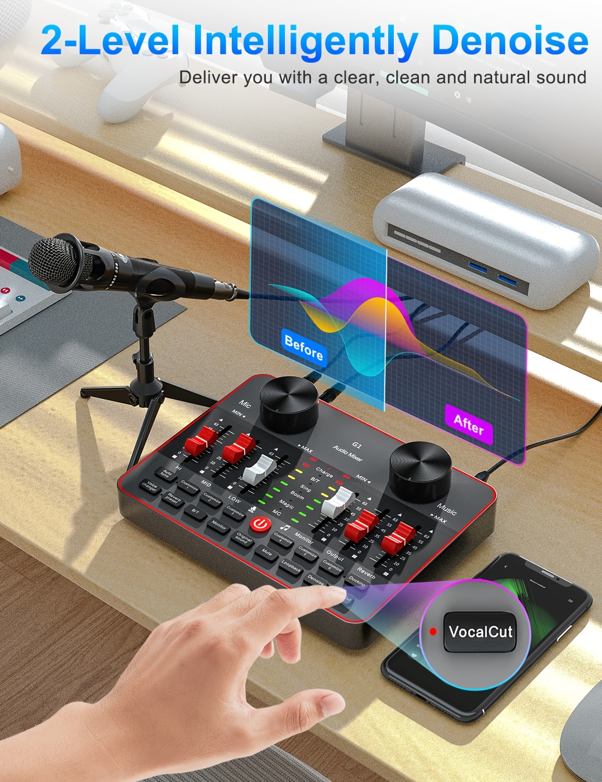 Podcast Equipment Bundle, All-in-One Audio Interface DJ Mixer with 2 Condenser Microphones, Recording Studio Kit Live Sound Card for Singing Broadcast, Live Streaming, Gaming